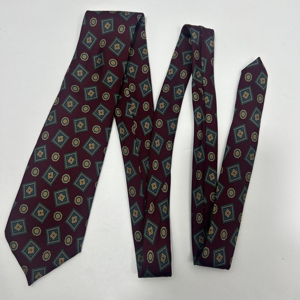 Vintage Maison Blanche Silk Tie Made In Italy Burgundy Geometric Medallion Retro